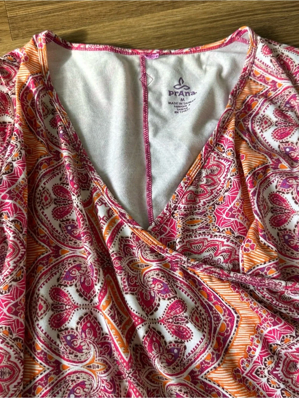 Prana Nadia Faux Wrap Dress Medium V-Neck Orange Pink Pocket Stretch Boho Casual